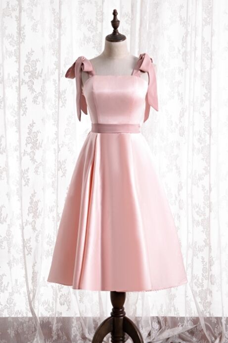 Party Dresses Night, Knee Length Pink Satin Party Dress with Tie Shoulders