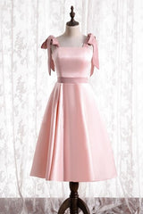 Party Dresses Night, Knee Length Pink Satin Party Dress with Tie Shoulders