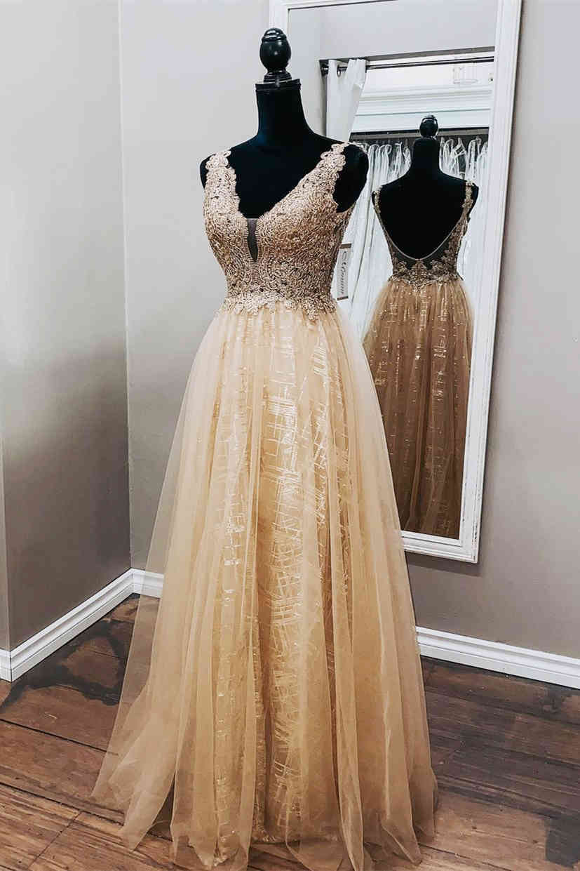 Unique Prom Dress, A-Line Champagne Tulle Formal Dress with Appliques