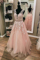 Wedding Shoes Bride, V-Neck Sleeveless Pink Prom Dress with Embroidery