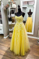 Party Dress Classy Elegant, Straps Yellow Lace Appliques Prom Dress
