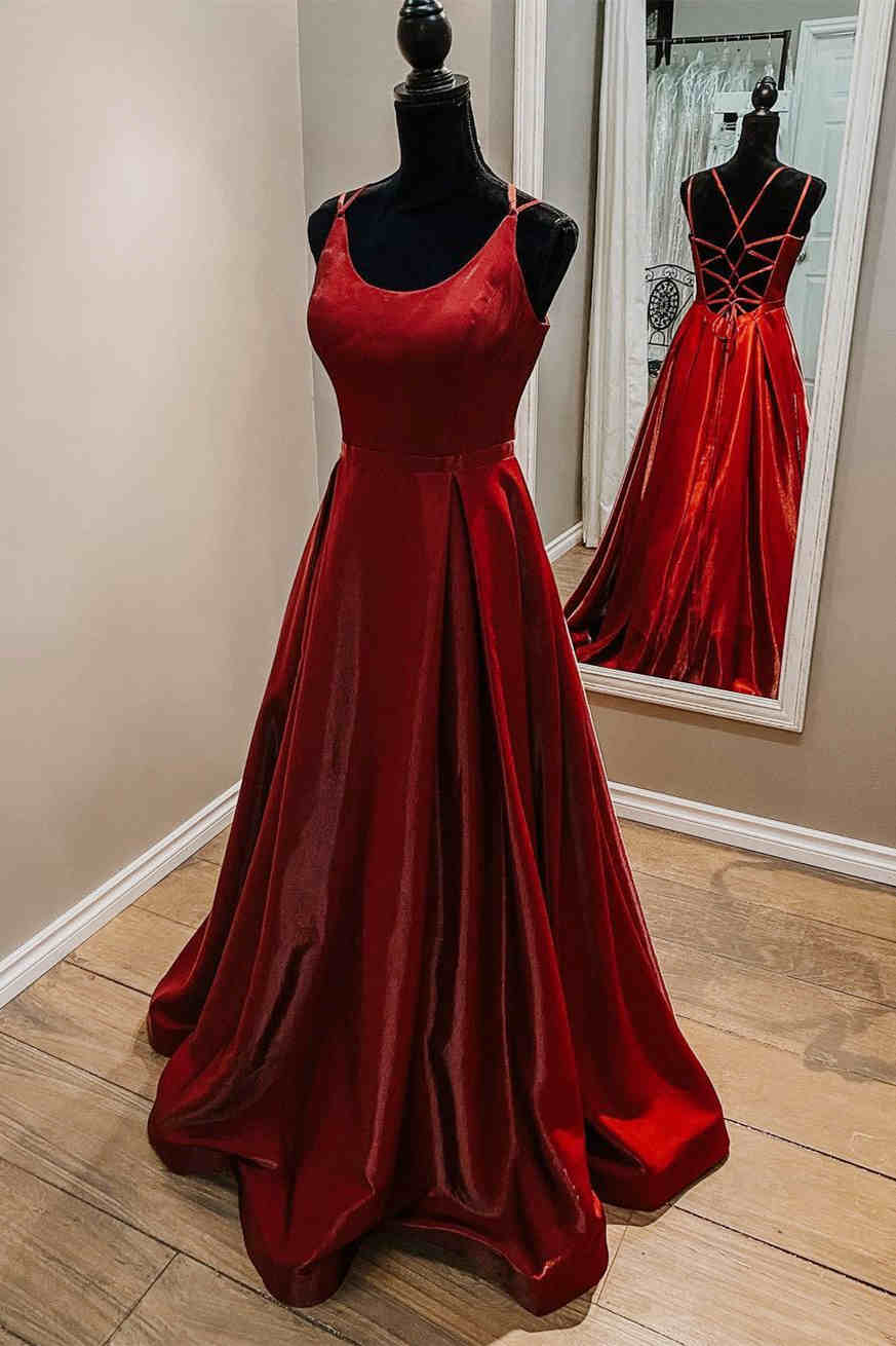 Formal Dress For Wedding Reception, Elegant Red Straps Satin Prom Dress