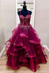 Homecoming Dress With Tulle, Raspberry Red Halter Long Prom Dress