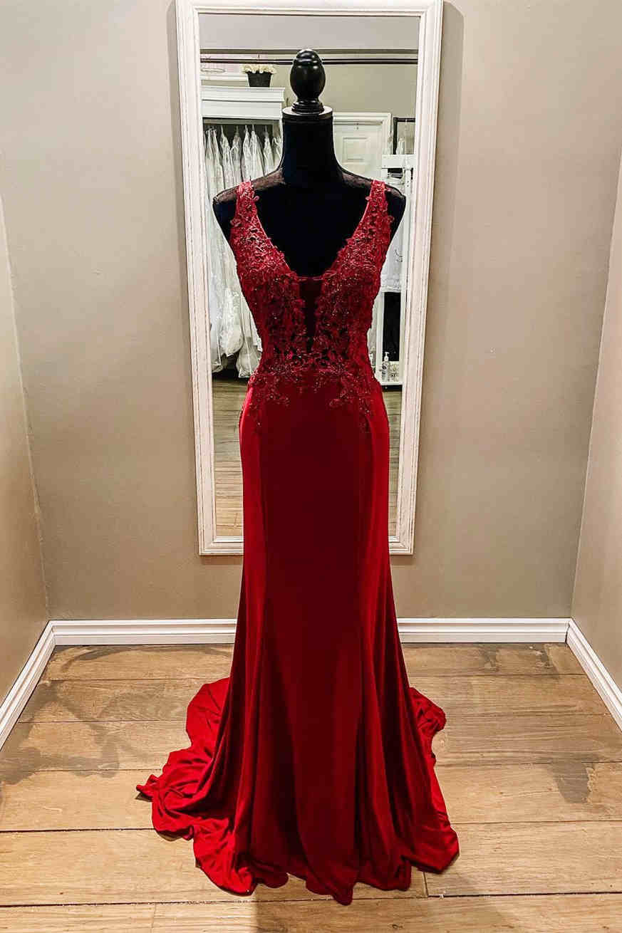 Bridesmaid Dress Sleeveless, Mermaid Sleeveless Red Lace Prom Dress