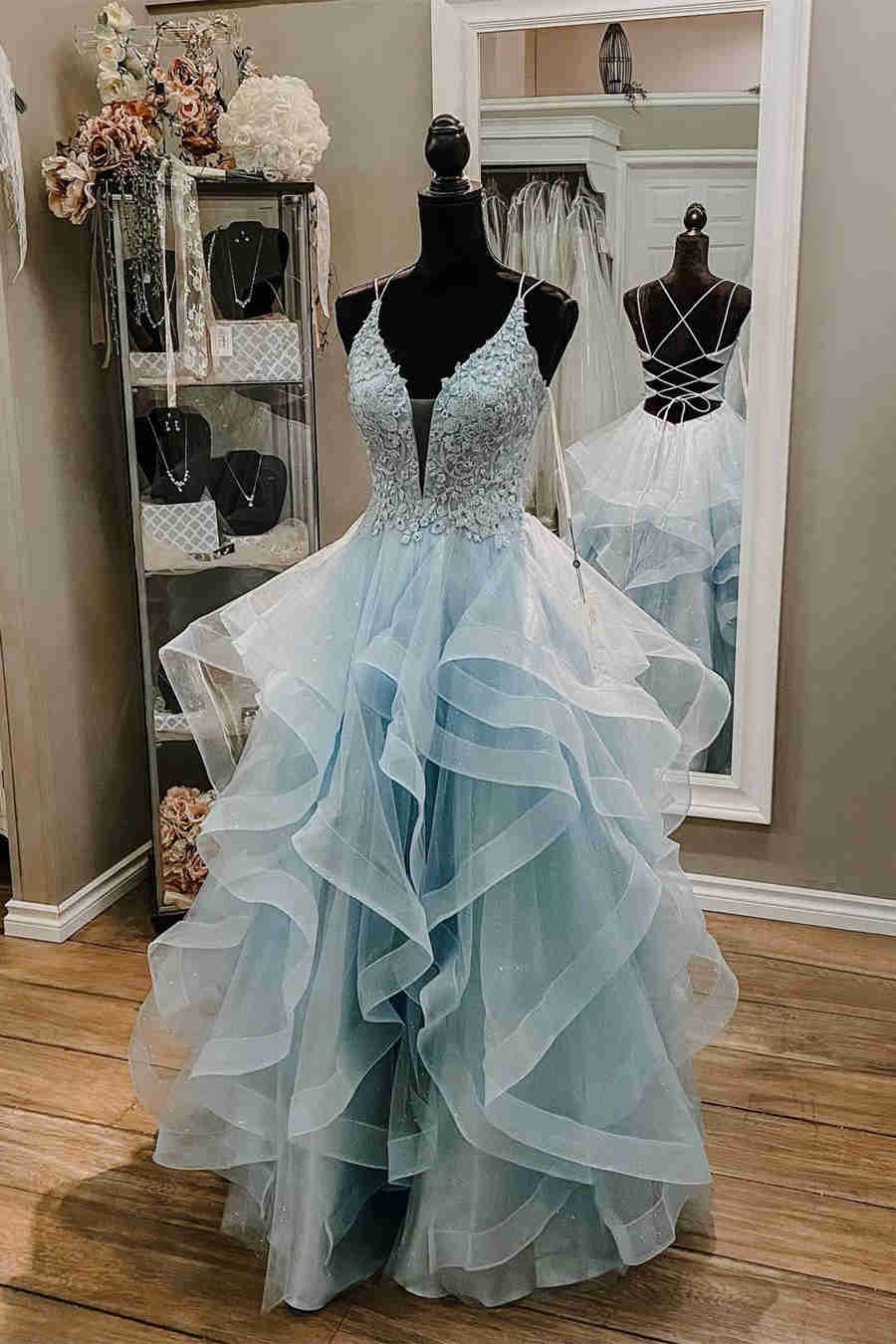 Party Dress Bridal, Straps Light Sky Blue Prom Dress with Ruffles