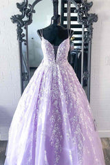 Formal Dress Wear For Ladies, Elegant Straps Lace Appliques Lavender Prom Dress