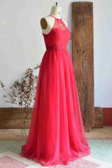 Blue Dress, A-Line Halter Hot Pink Long Bridesmaid Dress