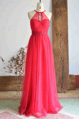 2041 Prom Dress, A-Line Halter Hot Pink Long Bridesmaid Dress