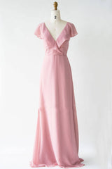 Bridal Dress, V-Neck Blush Pink Chiffon Bridesmaid Dress