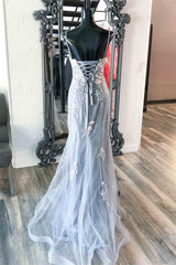 Long Gown, Elegant Mermaid Grey Prom Dress with Embroidery