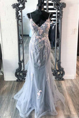 Light Blue Dress, Elegant Mermaid Grey Prom Dress with Embroidery