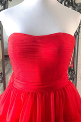 Party Dress Over 55, Strapless High Low Tiered Red Tulle Prom Dress