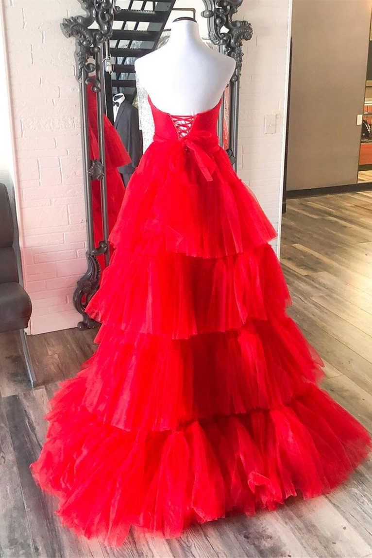Party Dress Nye, Strapless High Low Tiered Red Tulle Prom Dress