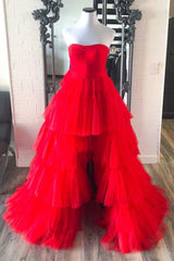 Party Dress Emerald Green, Strapless High Low Tiered Red Tulle Prom Dress