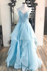 Burgundy Prom Dress, Elegant Light Blue Ruffled Tulle Prom Dress