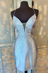 Party Dresses On Sale, Tight Silver Beaded Short Homecoming Dress