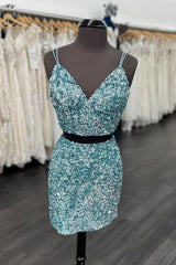 Party Dress Shops, Two Piece Blue Sequins Tight Homecoming Dress