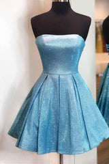 Party Dress Set, Strapless Blue A-line Short Homecoming Dress