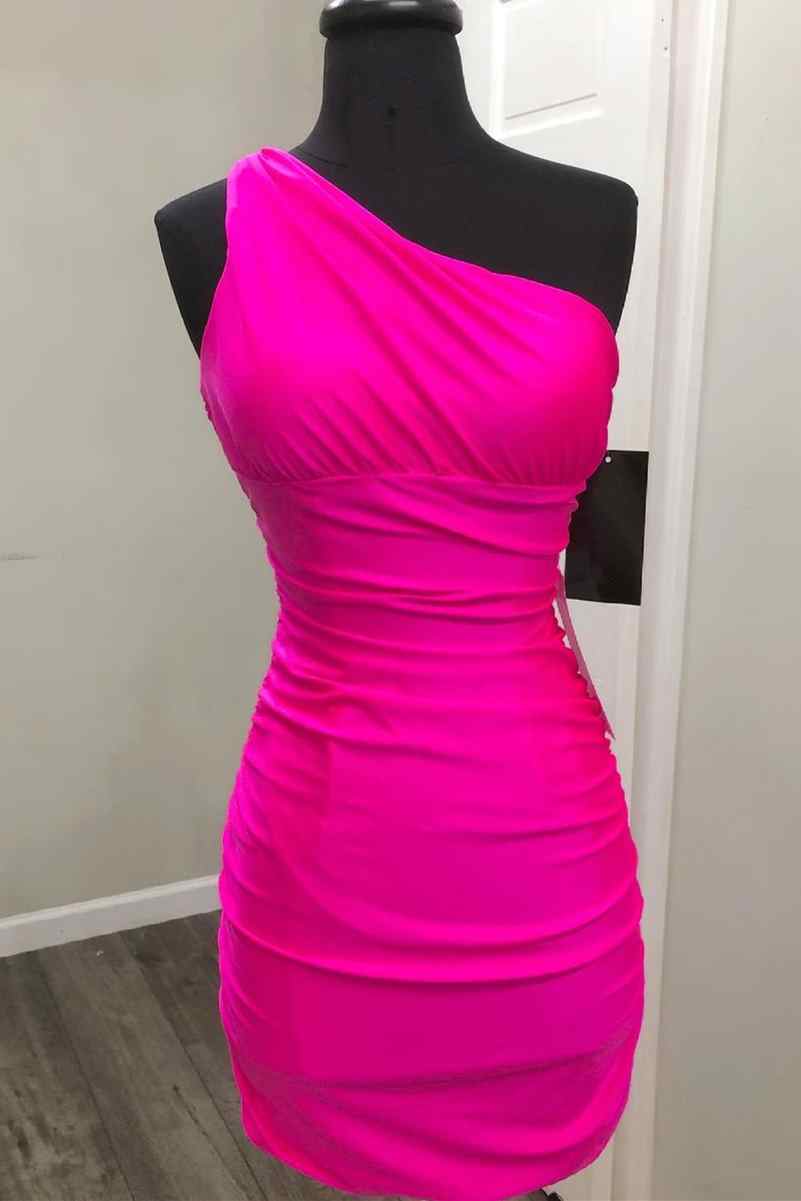 Party Dress Style Shop, Tight One Shoulder Hot Pink Short Homecoming Dress