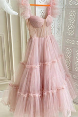 Homecoming Dresses Vintage, Chic Pink Tulle Midi Length Party Dress