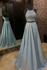 Party Dresses Shops, Two Piece Blue Long Formal Dress with Lace Top