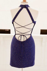Party Dress On Line, Tight Purple Short Party Dress with Gold Sequins