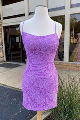 Bridesmaids Dresses Purple, Lilac Lace Tight Mini Party Dress