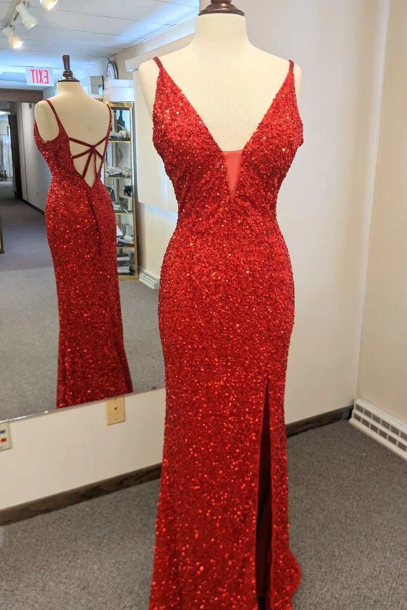 Evening Dresses, Red Sequin Plunge Neck Cutout Back Long Prom Dress with Slit