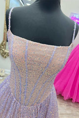 Prom Dresses 2018, Princess Pink Sequins Straps A-Line Prom Gown