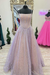 Prom Dresses Cheap, Princess Pink Sequins Straps A-Line Prom Gown