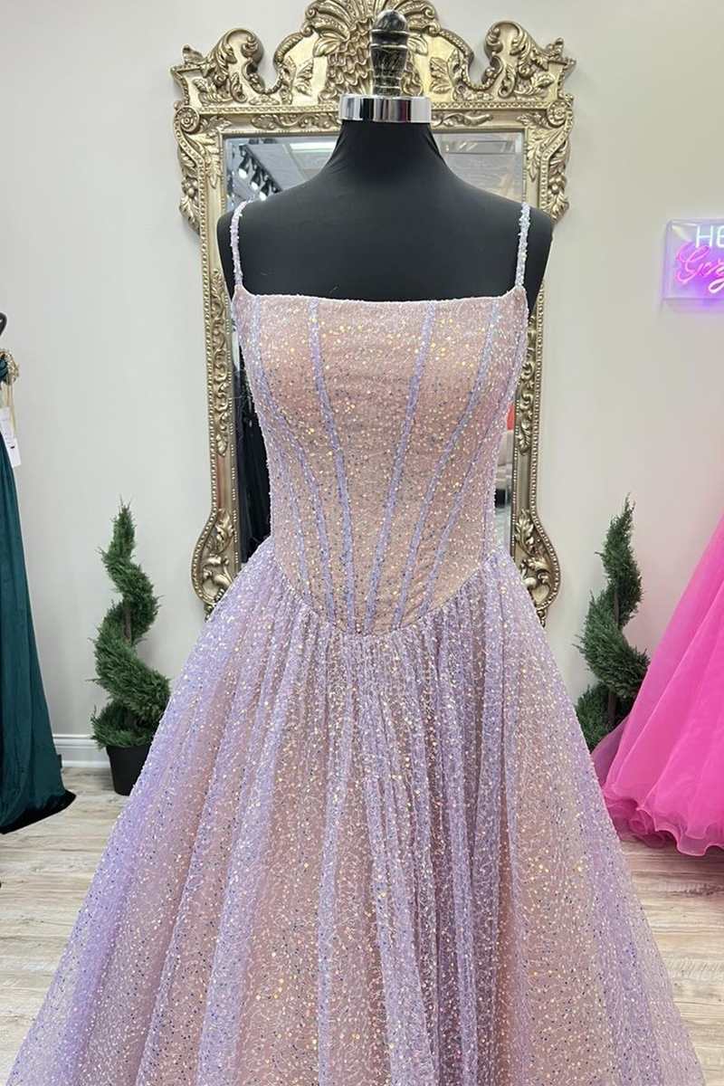 Prom Dresses 2023, Princess Pink Sequins Straps A-Line Prom Gown