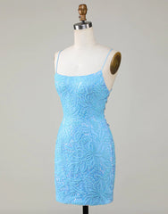 Red Carpet Dress, Sparkly Blue Beaded Lace Up Tight Short Homecoming Dress