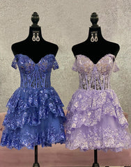 Party Dress For Cocktail, Cute A-Line Tiered Short Homecoming Dress With Appliques