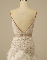Prom Shoes, Gorgeous White Spaghetti Straps Beaded Homecoming Dress With Feather