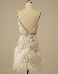 Fall Wedding Ideas, Gorgeous White Spaghetti Straps Beaded Homecoming Dress With Feather