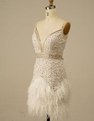 Pretty Prom Dress, Gorgeous White Spaghetti Straps Beaded Homecoming Dress With Feather