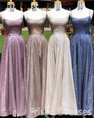 Shirt Dress, A-Line Sparkle Split Backless Evening Dresses  Long Prom Dresses With Pocket