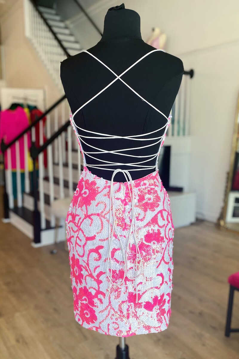 Prom Dress Brands, Pink Sequins Flower Print Lace-Up Mini Cocktail Dress