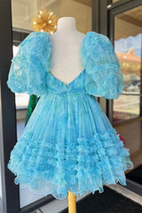 Prom Dress Affordable, Blue Puff Sleeves Ruffles Babydoll Homecoming Dress with Bow
