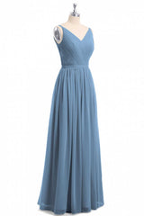 Night Dress, Simple Dusty Blue V-Neck Backless A-Line Long Bridesmaid Dress