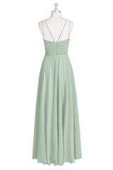 Formal Dress With Sleeve, Sage Green Chiffon Halter A-Line Long Bridesmaid Dress