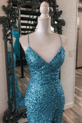 Prom Dresses Stores, Blue Sequin V-Neck Lace-Up Mermaid Long Dress with Slit