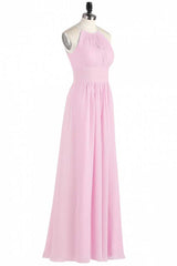 Prom Dresses Blue Long, Pink Chiffon Halter Sleeveless A-Line Long Bridesmaid Dress