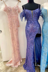 Formal Dresses Wedding, Sequin Feather Cold-Shoulder Mermaid Long Prom Dress with Slit
