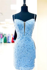 Small Wedding Ideas, Light Blue Straps Sheath Beaded Sequined Homecoming Dress