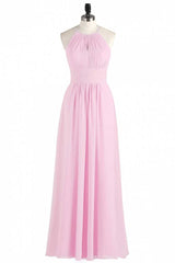 Prom Dress Long Quinceanera Dresses Tulle Formal Evening Gowns, Pink Chiffon Halter Sleeveless A-Line Long Bridesmaid Dress