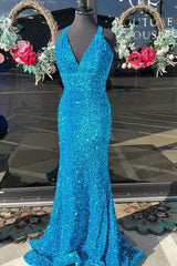 Prom Dresses Store, Blue Sequin V-Neck Cross-Back Mermaid Long Prom Dress