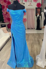 Prom Dress Design, Blue Sequin Off-the-Shoulder Mermaid Long Prom Dress with Slit