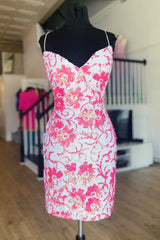 Prom Dresses Brand, Pink Sequins Flower Print Lace-Up Mini Cocktail Dress