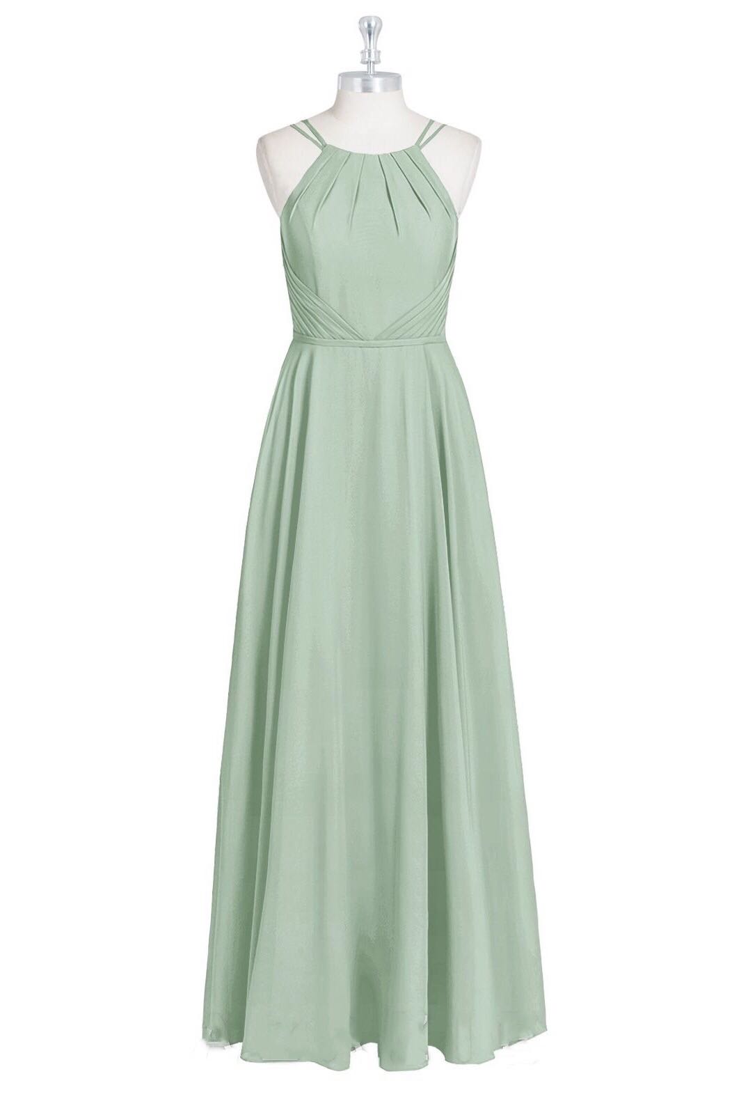 Formal Dresses With Sleeve, Sage Green Chiffon Halter A-Line Long Bridesmaid Dress